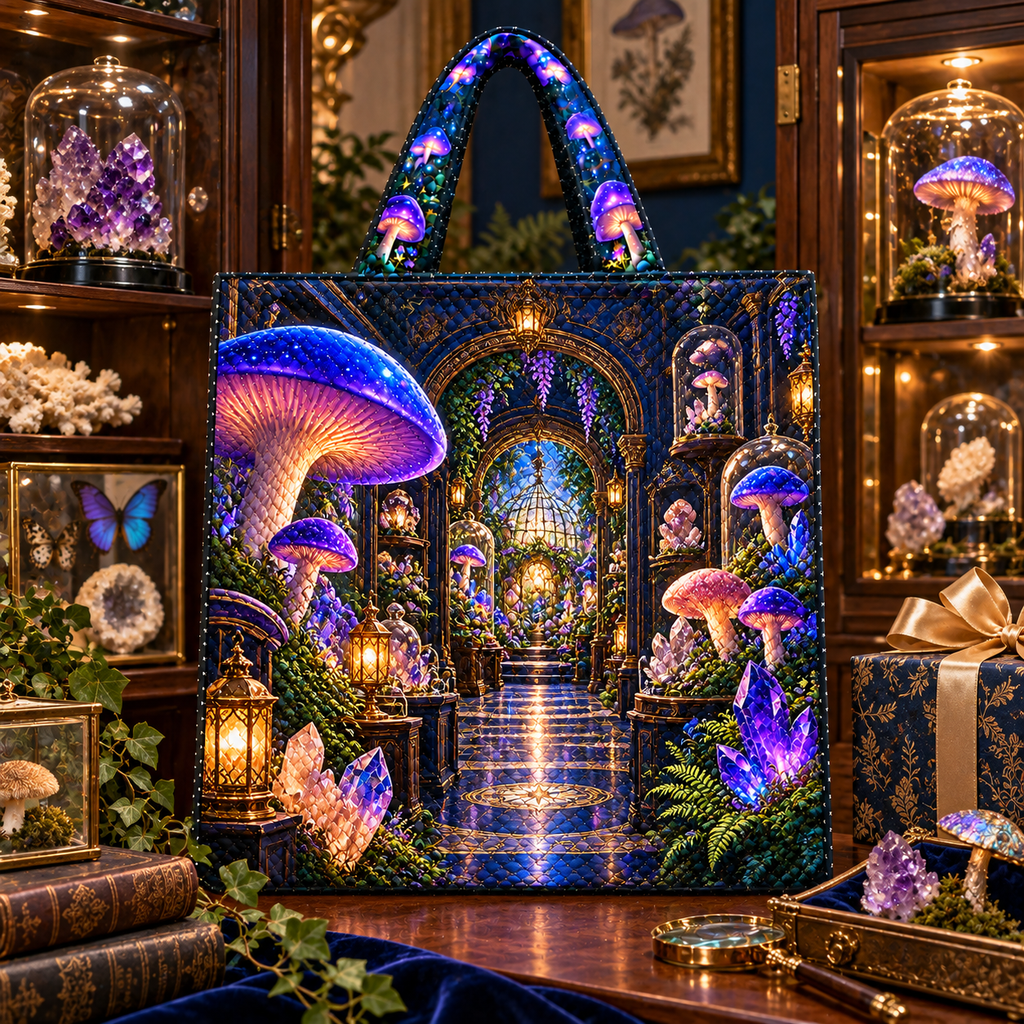 Mushroom Crystal Cabinet Quilted Tote Bag with printed optical 3D artwork in its use setting