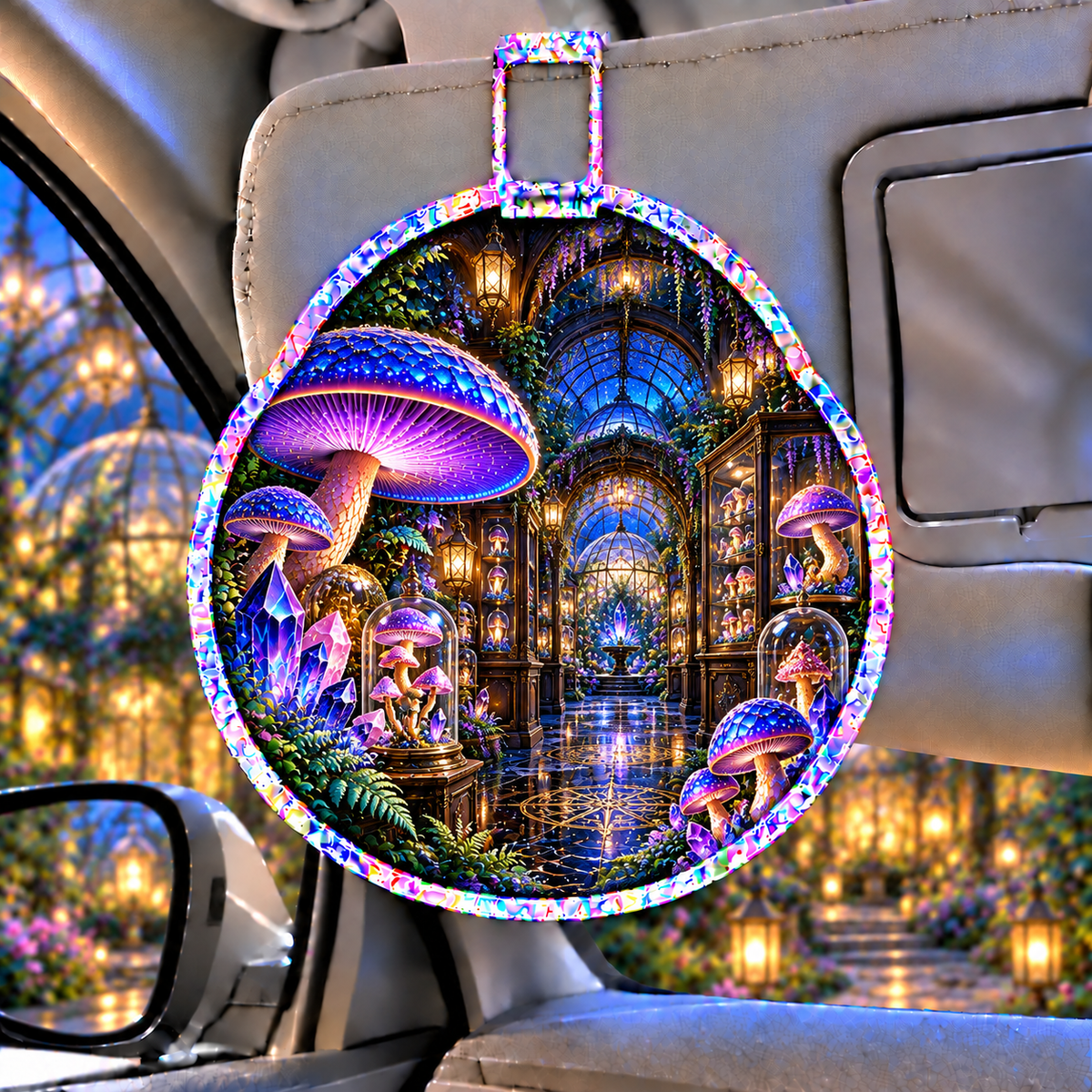 Mushroom Crystal Cabinet Holographic Car Visor Clip with printed optical 3D artwork in its use setting
