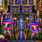 Mushroom Gallery Portal Quilted Bedding Set with printed optical 3D artwork in its use setting