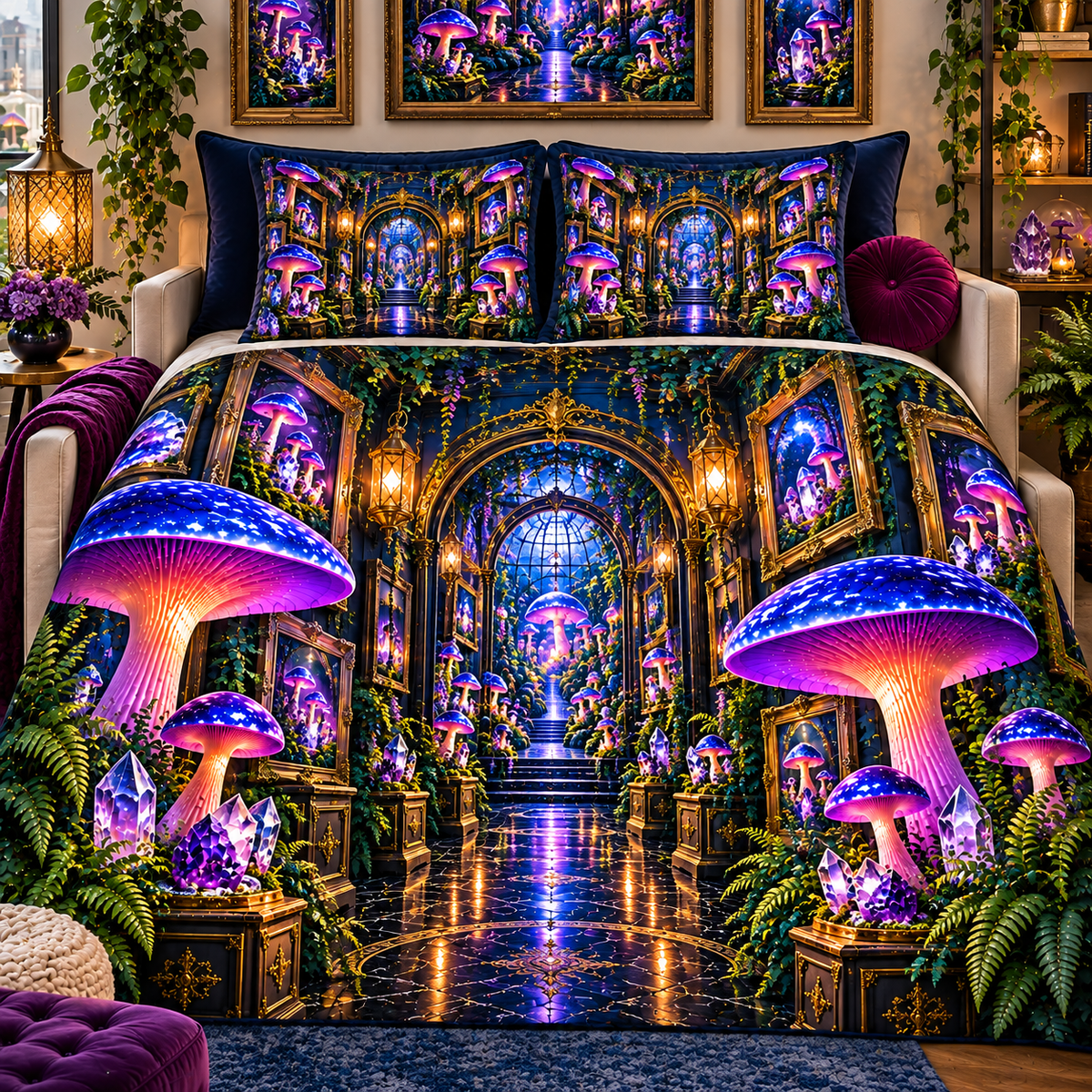 Mushroom Gallery Portal Quilted Bedding Set with printed optical 3D artwork in its use setting