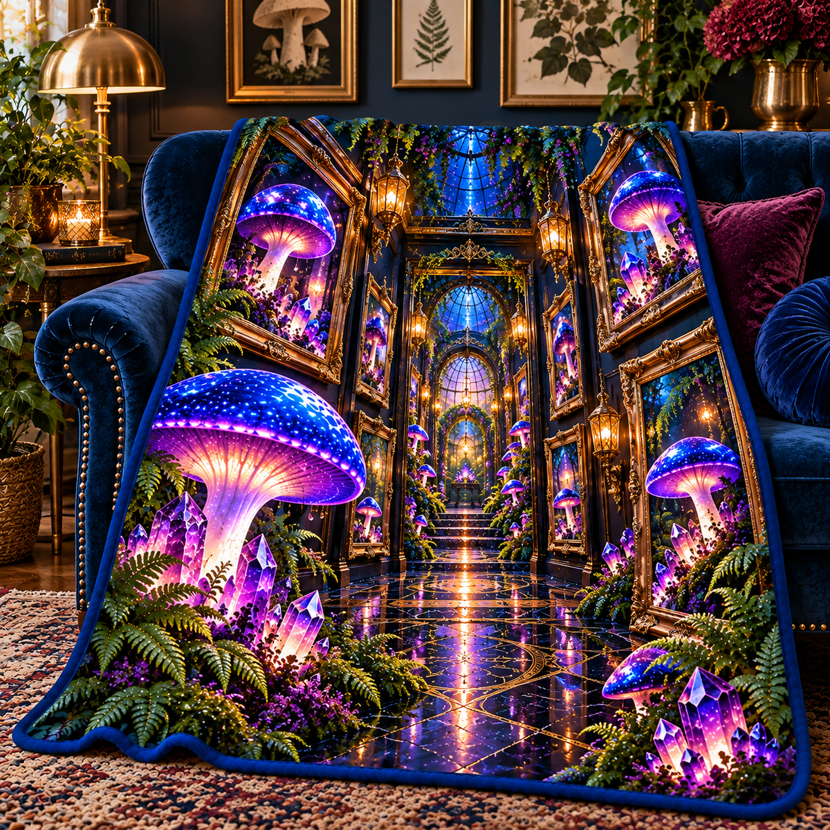 Mushroom Gallery Portal Sherpa & Fleece Blanket with printed optical 3D artwork in its use setting