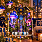 Mushroom Gallery Portal Acrylic Cash Holder Ornament with printed optical 3D artwork in its use setting
