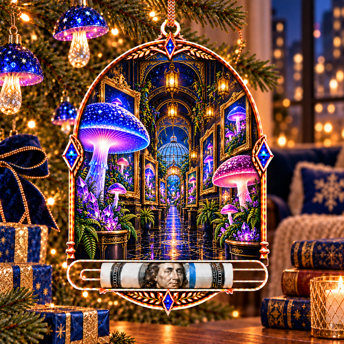 Mushroom Gallery Portal Acrylic Cash Holder Ornament with printed optical 3D artwork in its use setting