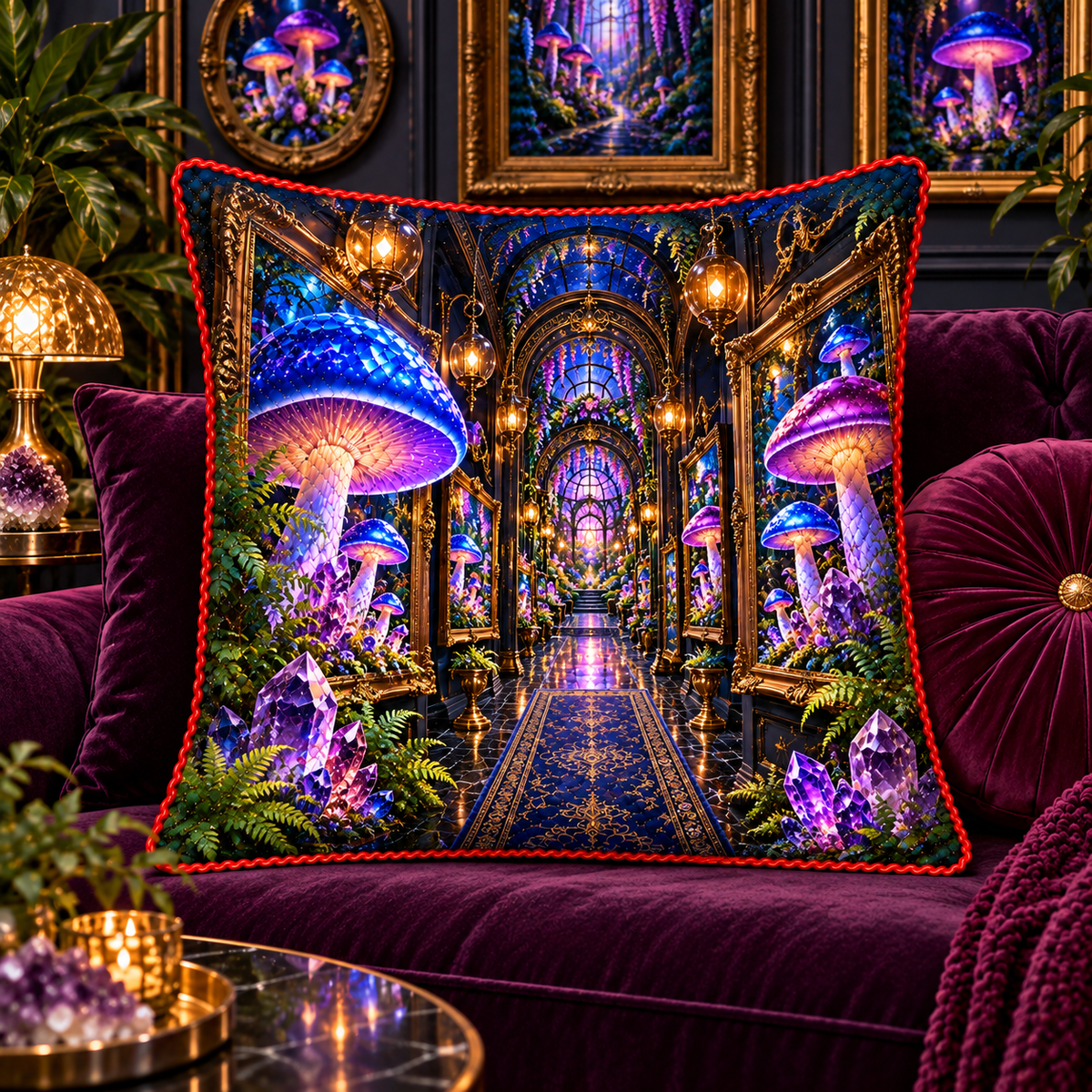 Mushroom Gallery Portal Quilted Cushion Cover with printed optical 3D artwork in its use setting