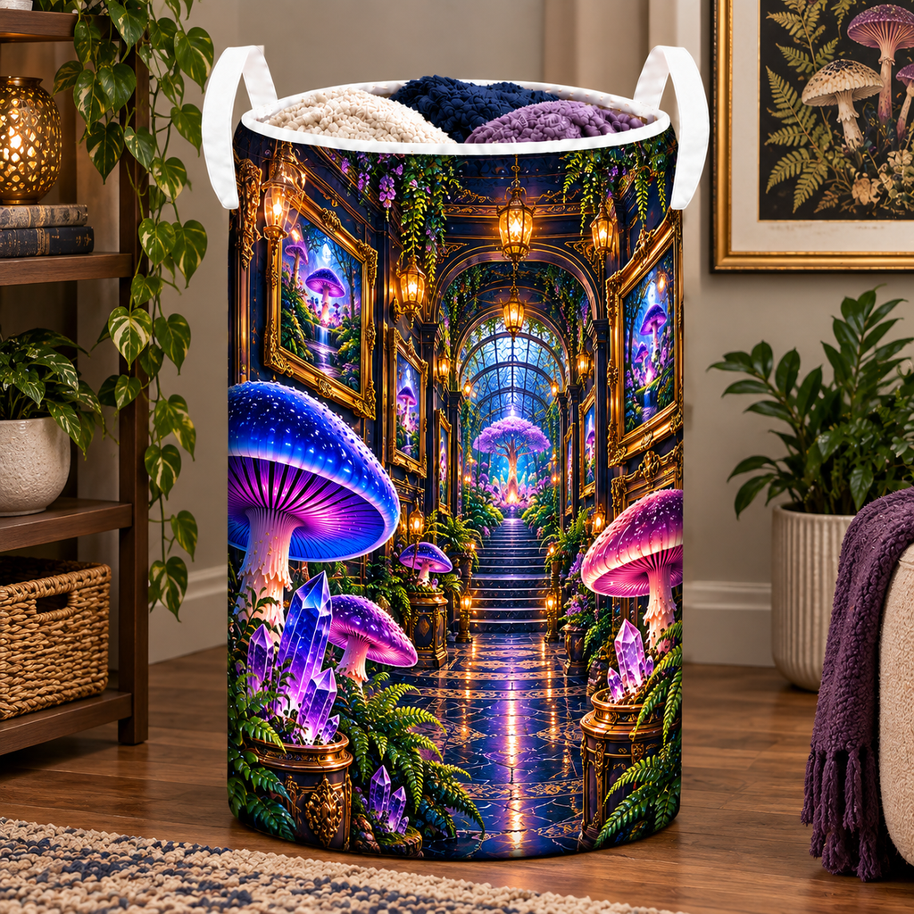 Mushroom Gallery Portal Laundry Hamper with printed optical 3D artwork in its use setting