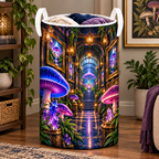Mushroom Gallery Portal Laundry Hamper with printed optical 3D artwork in its use setting