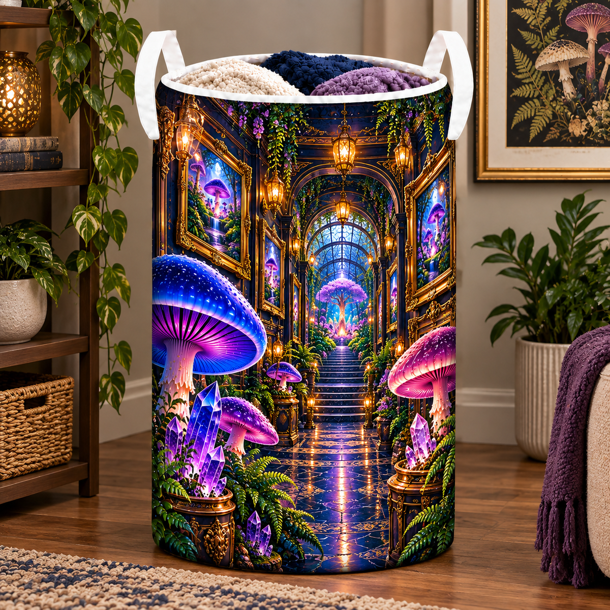 Mushroom Gallery Portal Laundry Hamper with printed optical 3D artwork in its use setting