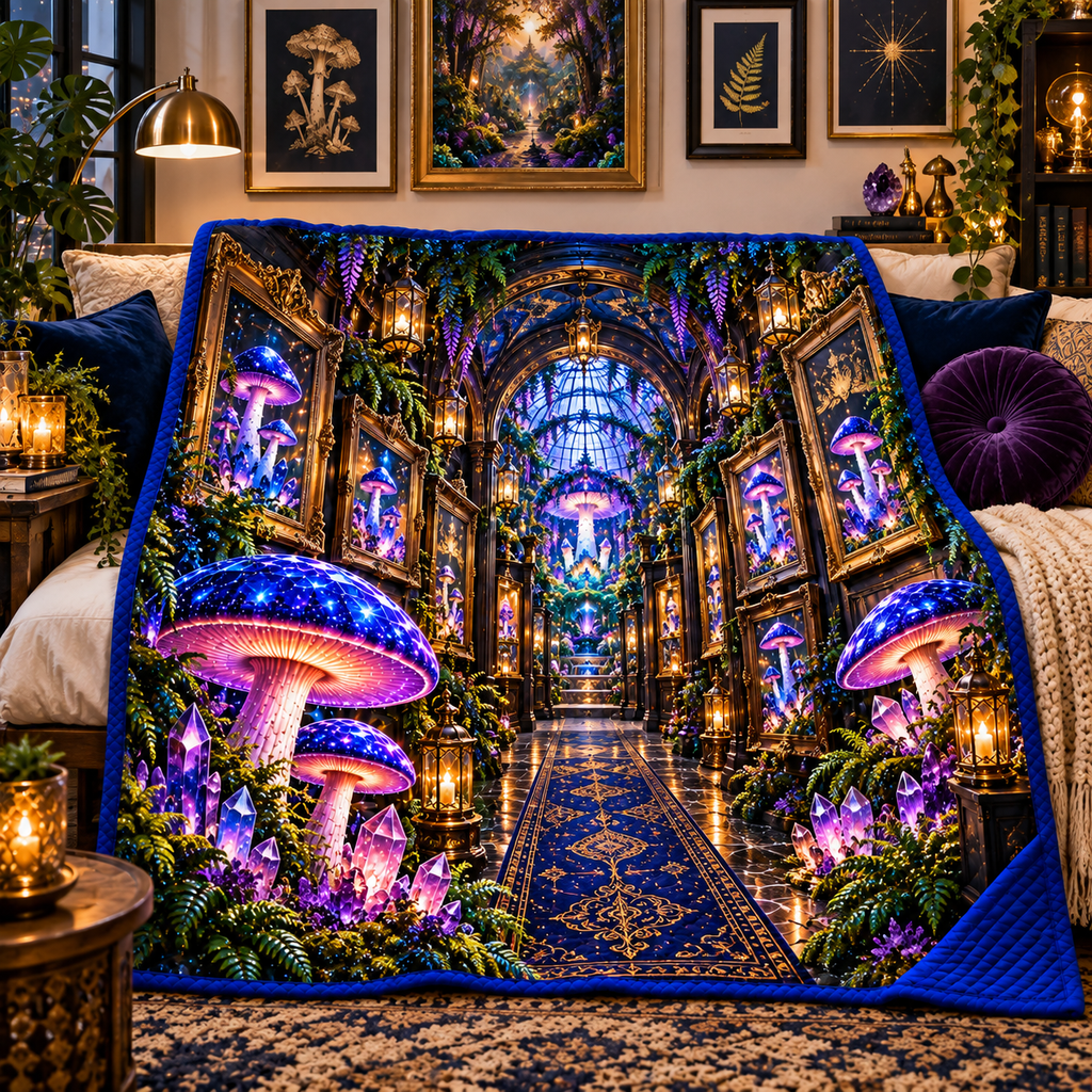 Mushroom Gallery Portal Quilt Blanket with printed optical 3D artwork in its use setting