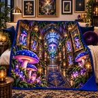 Mushroom Gallery Portal Quilt Blanket with printed optical 3D artwork in its use setting