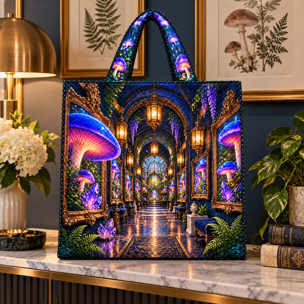 Mushroom Gallery Portal Quilted Tote Bag with printed optical 3D artwork in its use setting