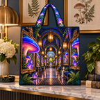 Mushroom Gallery Portal Quilted Tote Bag with printed optical 3D artwork in its use setting