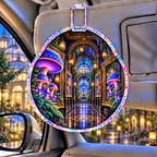 Mushroom Gallery Portal Holographic Car Visor Clip with printed optical 3D artwork in its use setting