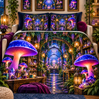 Mushroom Maker Atelier Quilted Bedding Set with printed optical 3D artwork in its use setting