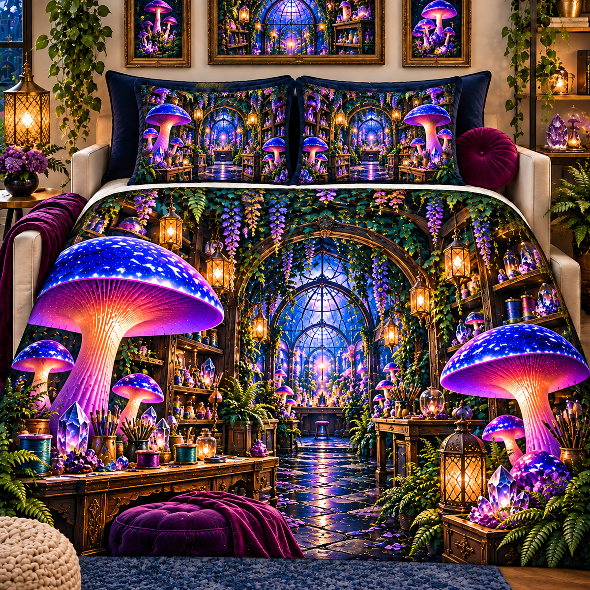 Mushroom Maker Atelier Quilted Bedding Set with printed optical 3D artwork in its use setting