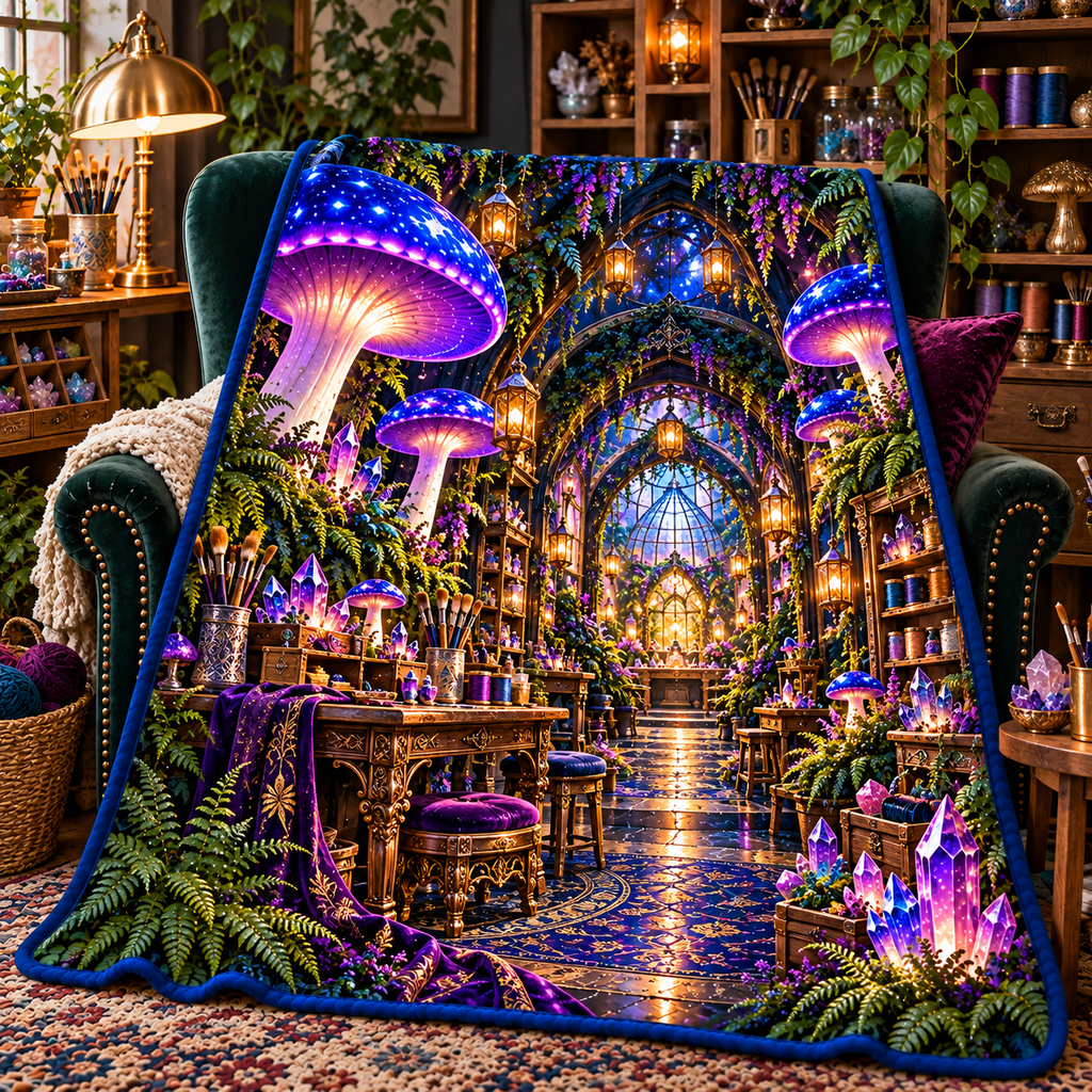 Mushroom Maker Atelier Sherpa & Fleece Blanket with printed optical 3D artwork in its use setting