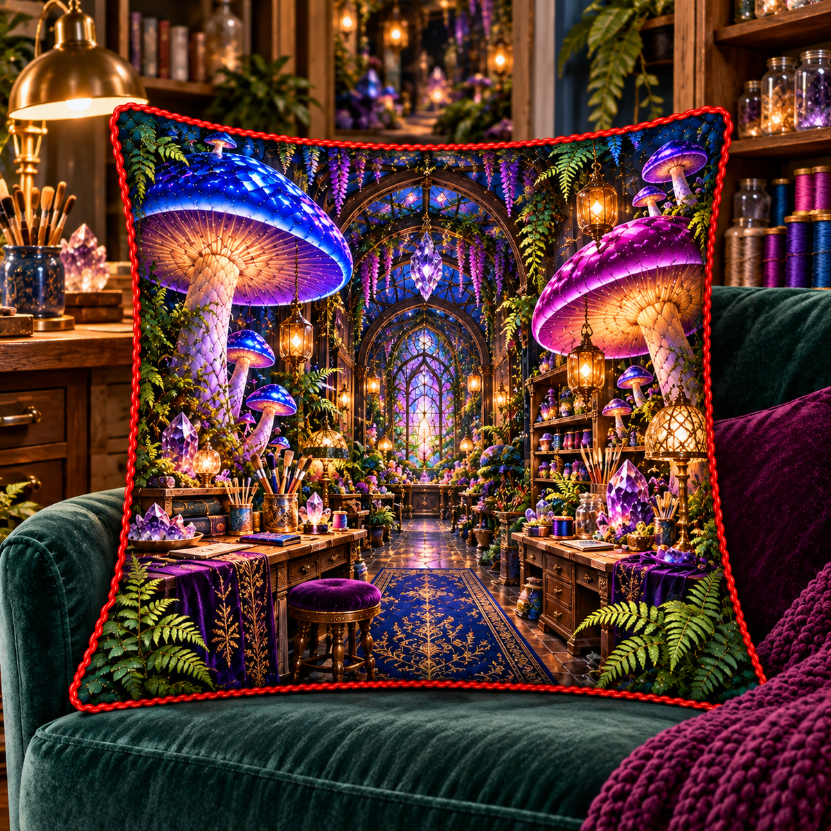 Mushroom Maker Atelier Quilted Cushion Cover with printed optical 3D artwork in its use setting