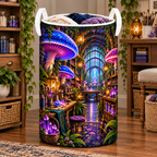Mushroom Maker Atelier Laundry Hamper with printed optical 3D artwork in its use setting