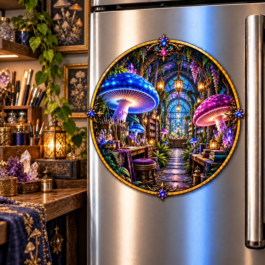 Mushroom Maker Atelier Acrylic Refrigerator Magnet with printed optical 3D artwork in its use setting