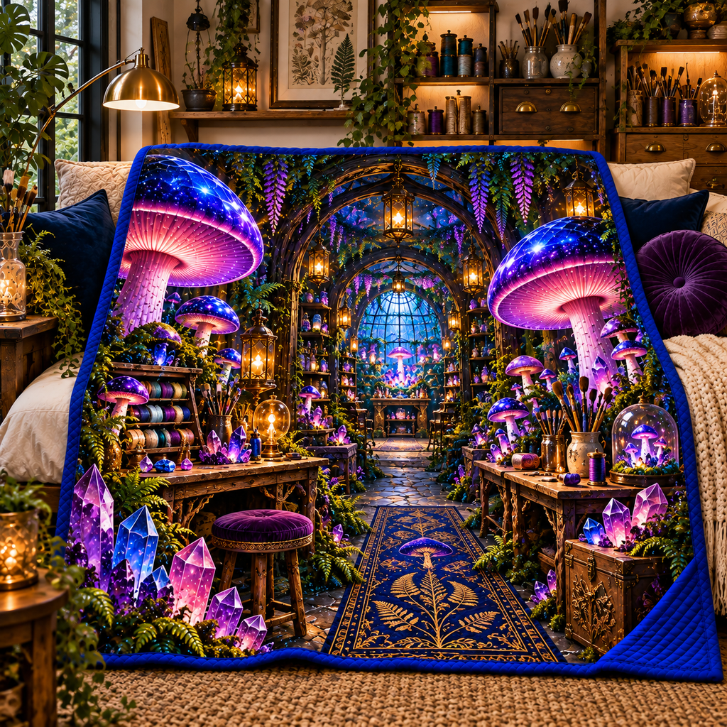Mushroom Maker Atelier Quilt Blanket with printed optical 3D artwork in its use setting