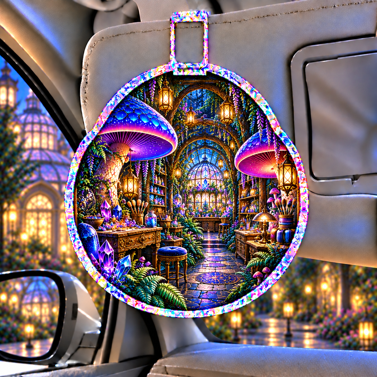 Mushroom Maker Atelier Holographic Car Visor Clip with printed optical 3D artwork in its use setting