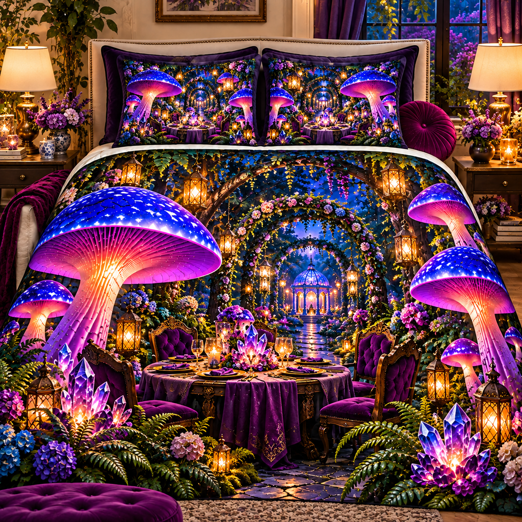Mushroom Lantern Supper Quilted Bedding Set with printed optical 3D artwork in its use setting