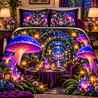 Mushroom Lantern Supper Quilted Bedding Set with printed optical 3D artwork in its use setting