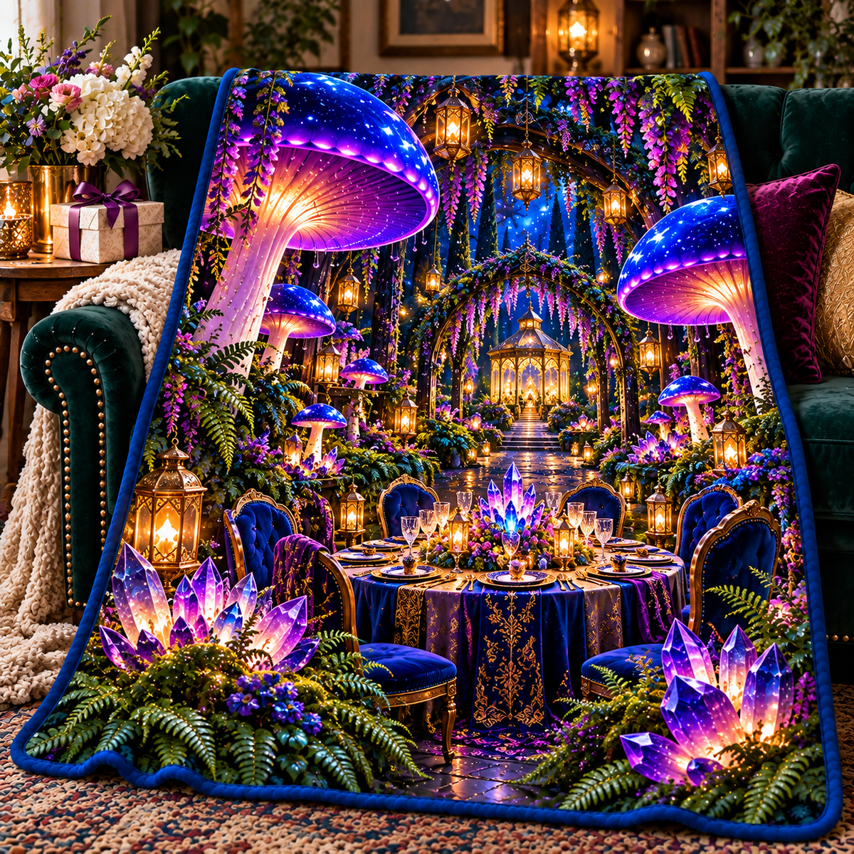 Mushroom Lantern Supper Sherpa & Fleece Blanket with printed optical 3D artwork in its use setting