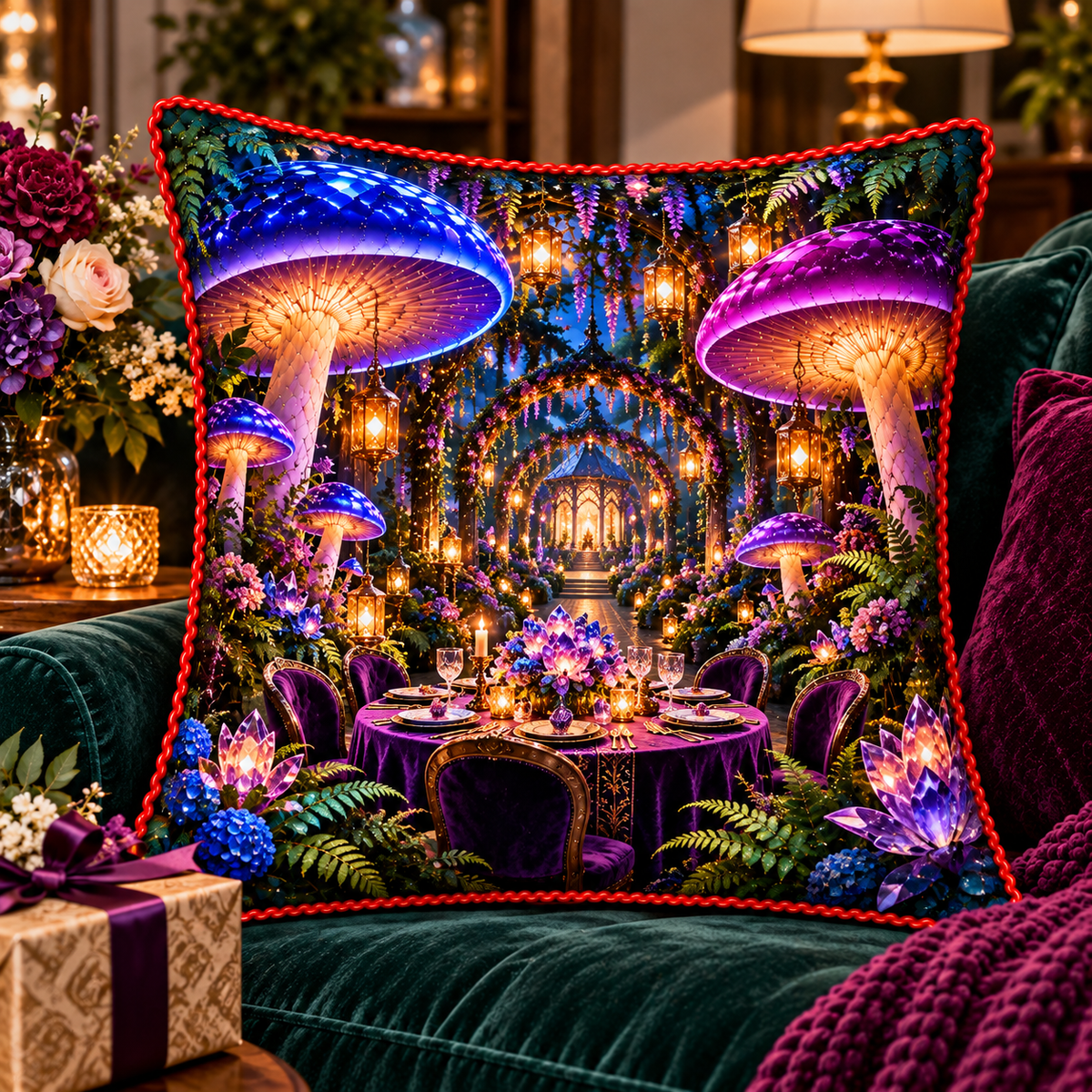 Mushroom Lantern Supper Quilted Cushion Cover with printed optical 3D artwork in its use setting