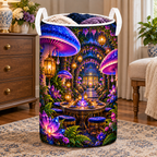 Mushroom Lantern Supper Laundry Hamper with printed optical 3D artwork in its use setting