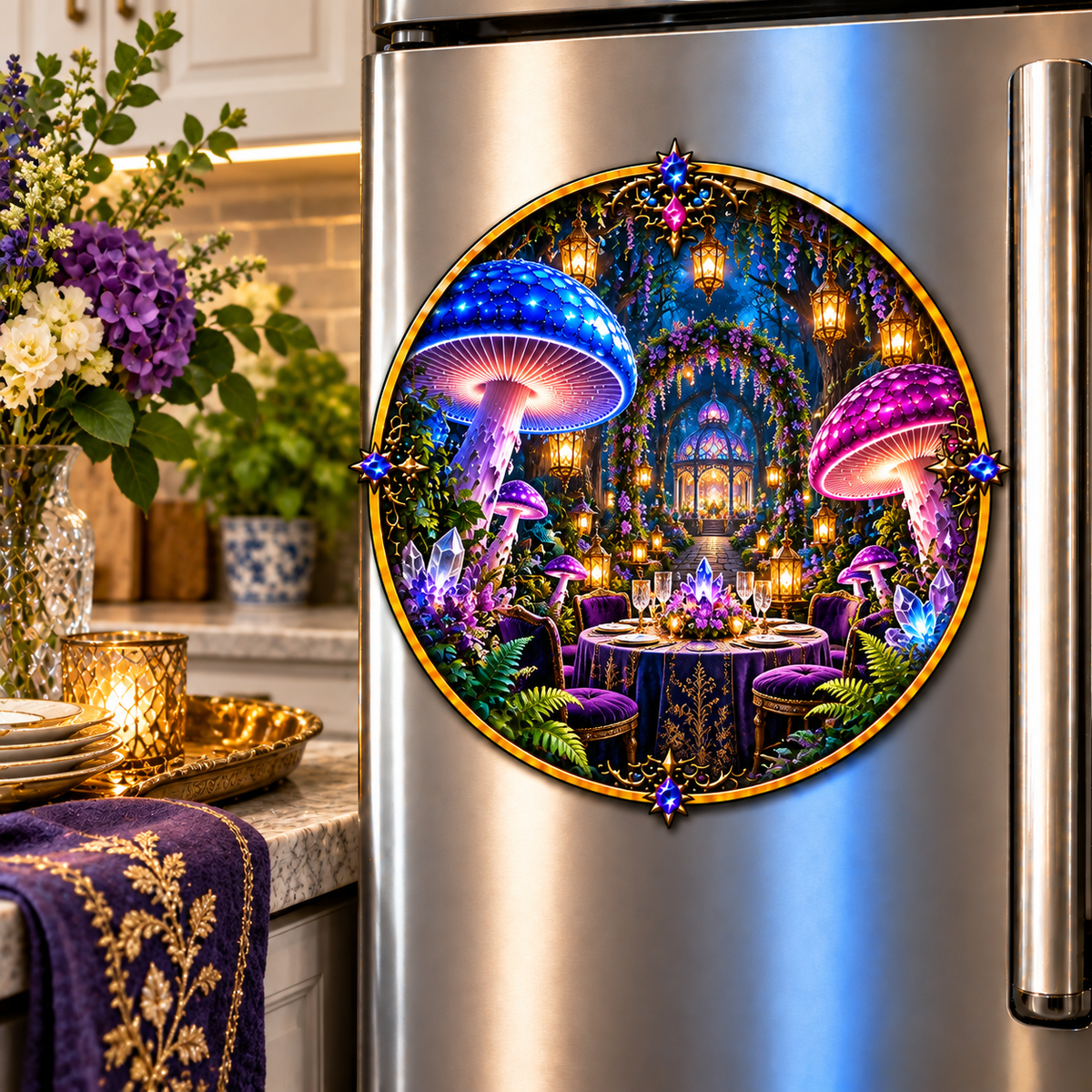 Mushroom Lantern Supper Acrylic Refrigerator Magnet with printed optical 3D artwork in its use setting