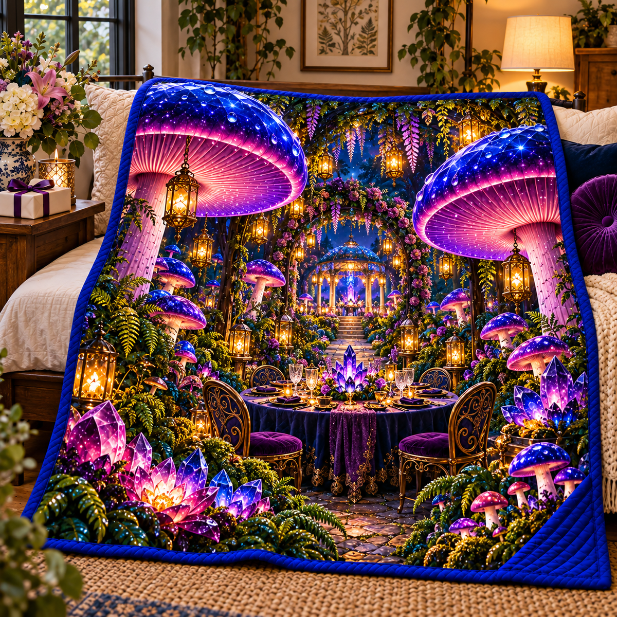 Mushroom Lantern Supper Quilt Blanket with printed optical 3D artwork in its use setting