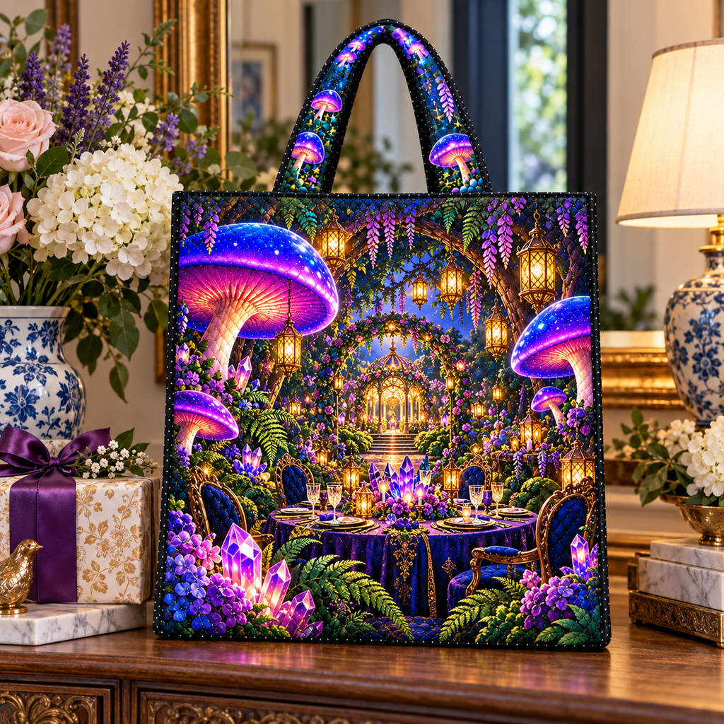 Mushroom Lantern Supper Quilted Tote Bag with printed optical 3D artwork in its use setting