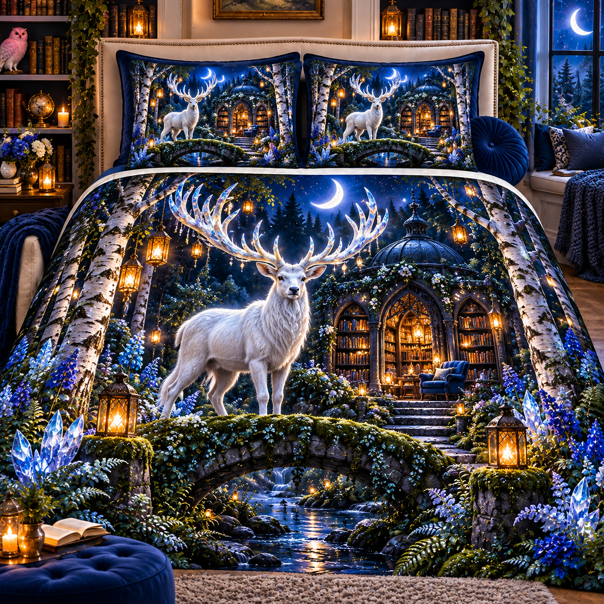 White Stag Moonlit Library Quilted Bedding Set with printed optical 3D artwork in its use setting