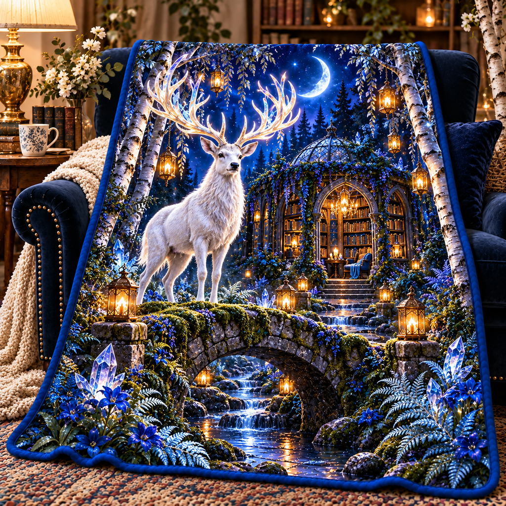 White Stag Moonlit Library Sherpa & Fleece Blanket with printed optical 3D artwork in its use setting