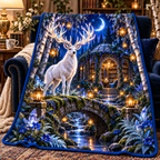 White Stag Moonlit Library Sherpa & Fleece Blanket with printed optical 3D artwork in its use setting