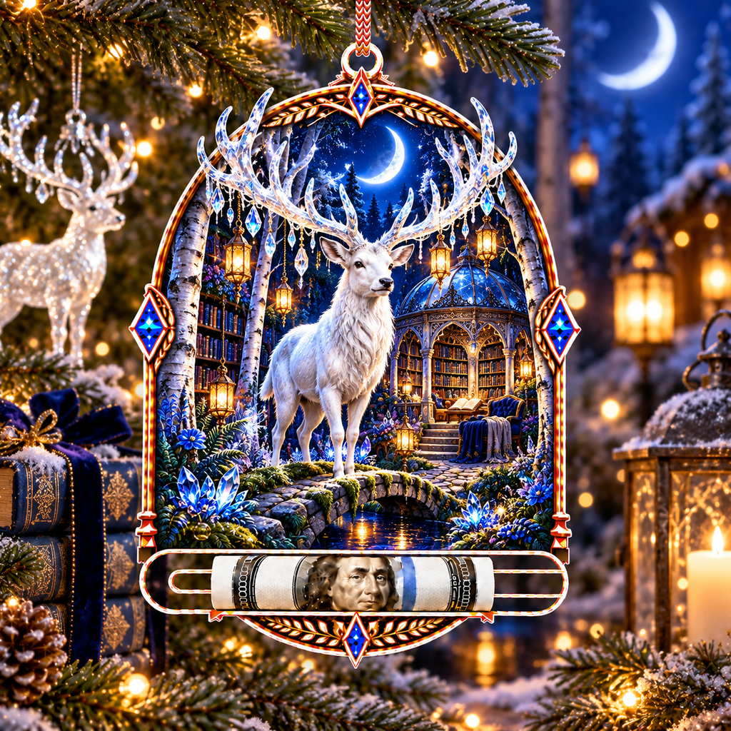 White Stag Moonlit Library Acrylic Cash Holder Ornament with printed optical 3D artwork in its use setting