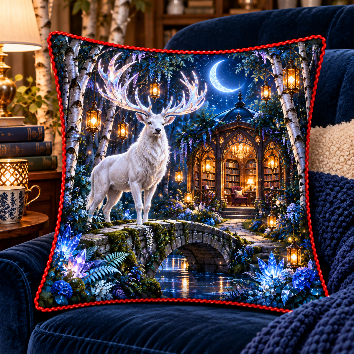 White Stag Moonlit Library Quilted Cushion Cover with printed optical 3D artwork in its use setting