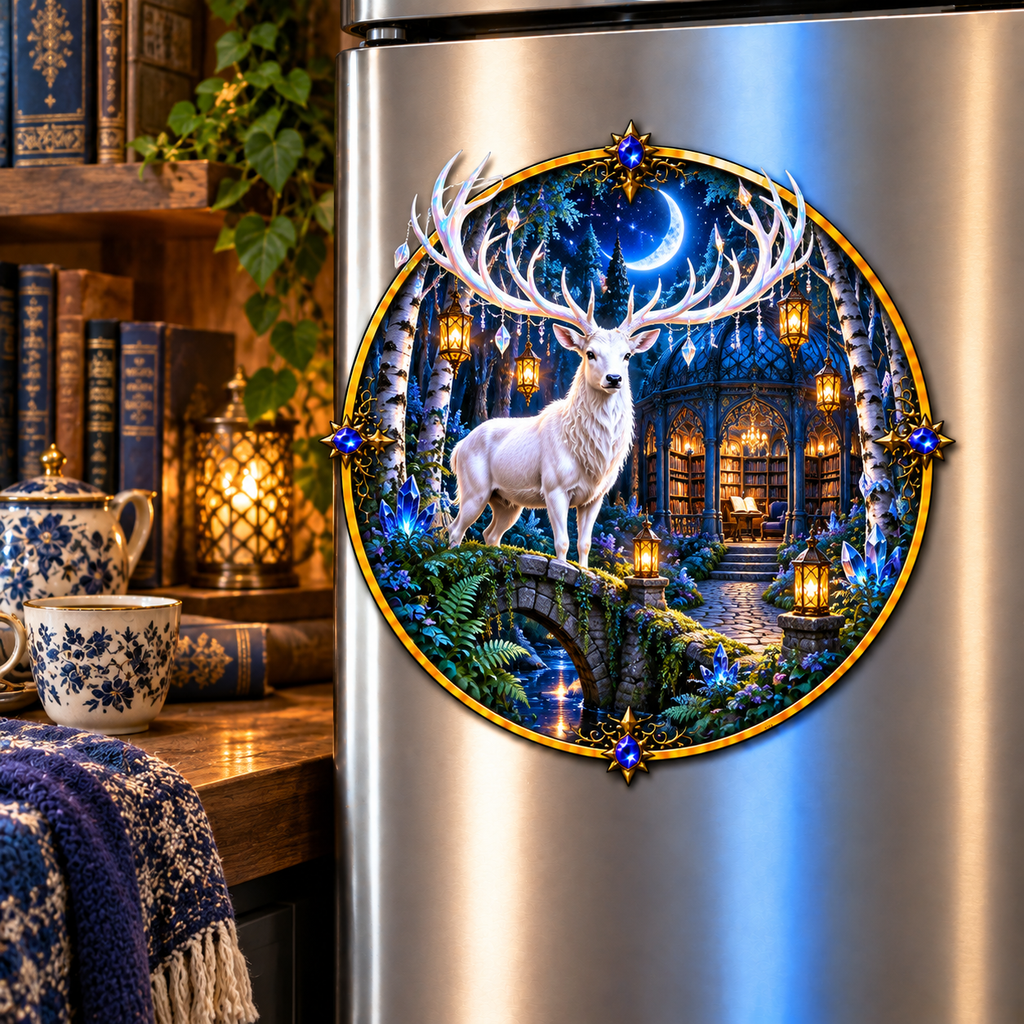White Stag Moonlit Library Acrylic Refrigerator Magnet with printed optical 3D artwork in its use setting