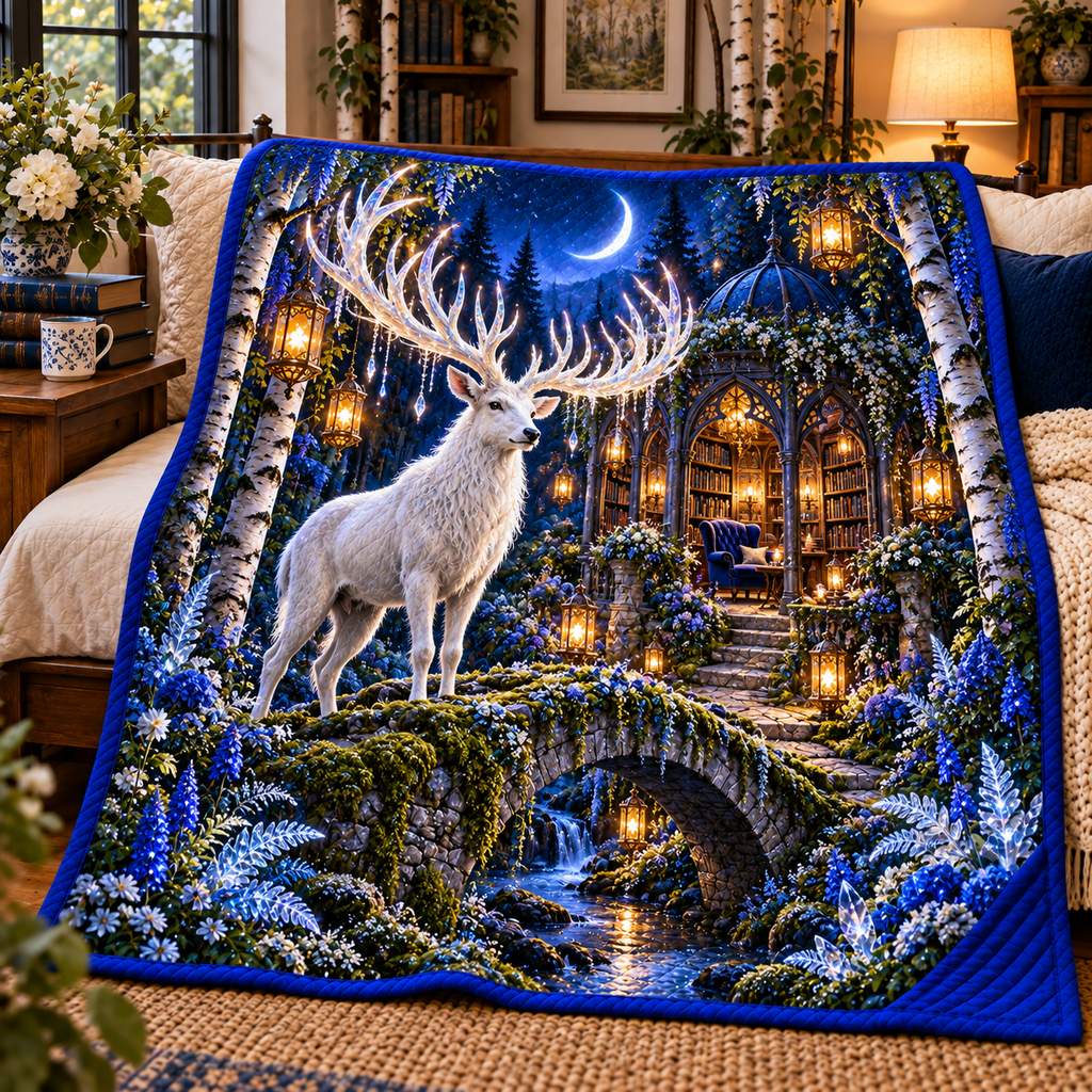 White Stag Moonlit Library Quilt Blanket with printed optical 3D artwork in its use setting