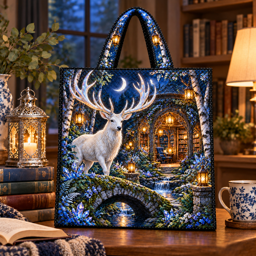 White Stag Moonlit Library Quilted Tote Bag with printed optical 3D artwork in its use setting