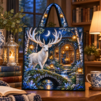 White Stag Moonlit Library Quilted Tote Bag with printed optical 3D artwork in its use setting