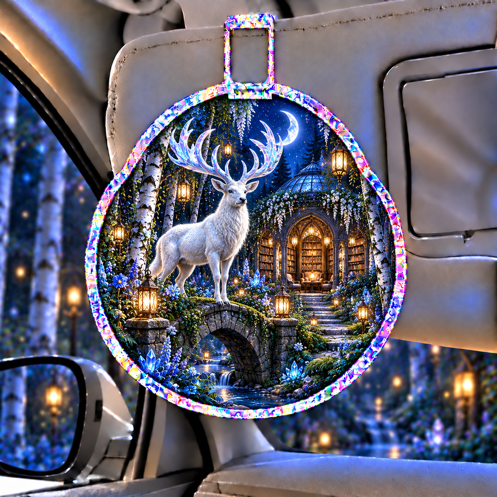 White Stag Moonlit Library Holographic Car Visor Clip with printed optical 3D artwork in its use setting