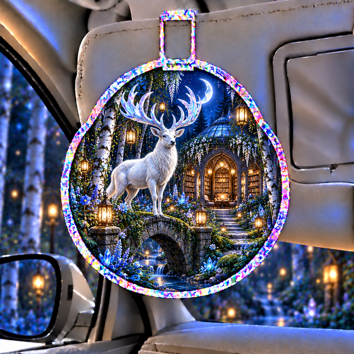White Stag Moonlit Library Holographic Car Visor Clip with printed optical 3D artwork in its use setting