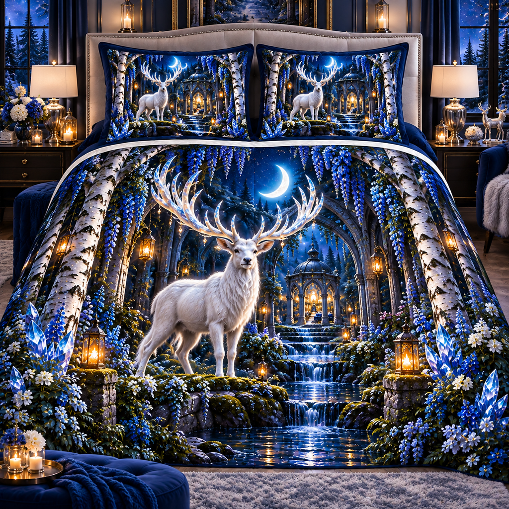 White Stag Sapphire Sanctuary Quilted Bedding Set with printed optical 3D artwork in its use setting