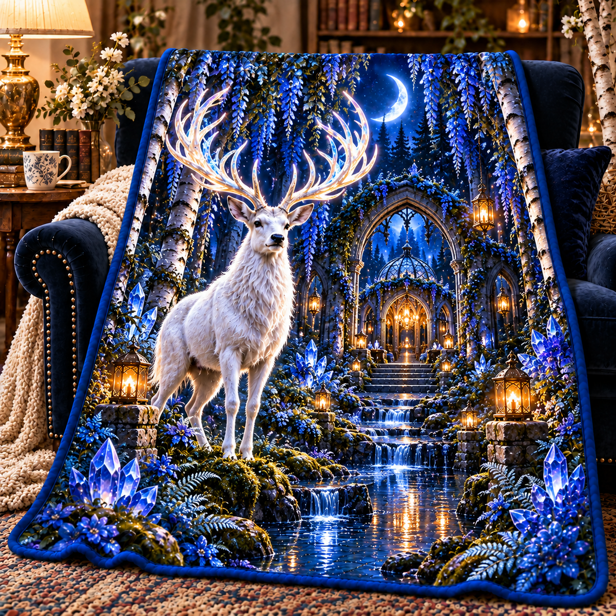 White Stag Sapphire Sanctuary Sherpa & Fleece Blanket with printed optical 3D artwork in its use setting