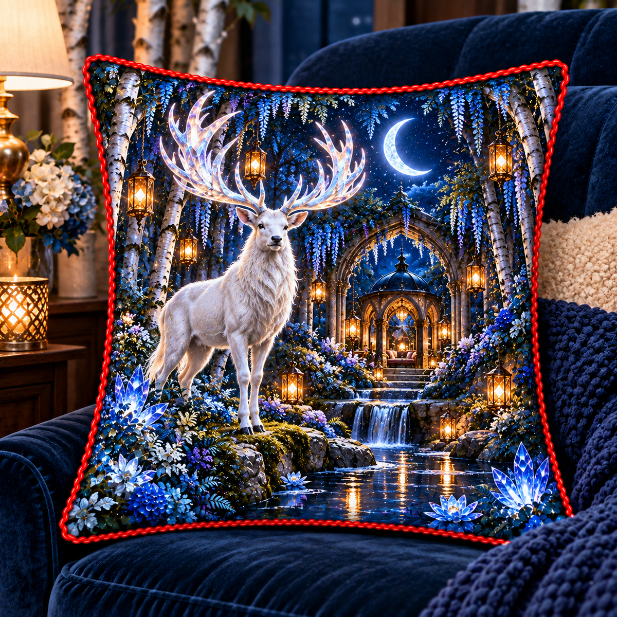 White Stag Sapphire Sanctuary Quilted Cushion Cover with printed optical 3D artwork in its use setting