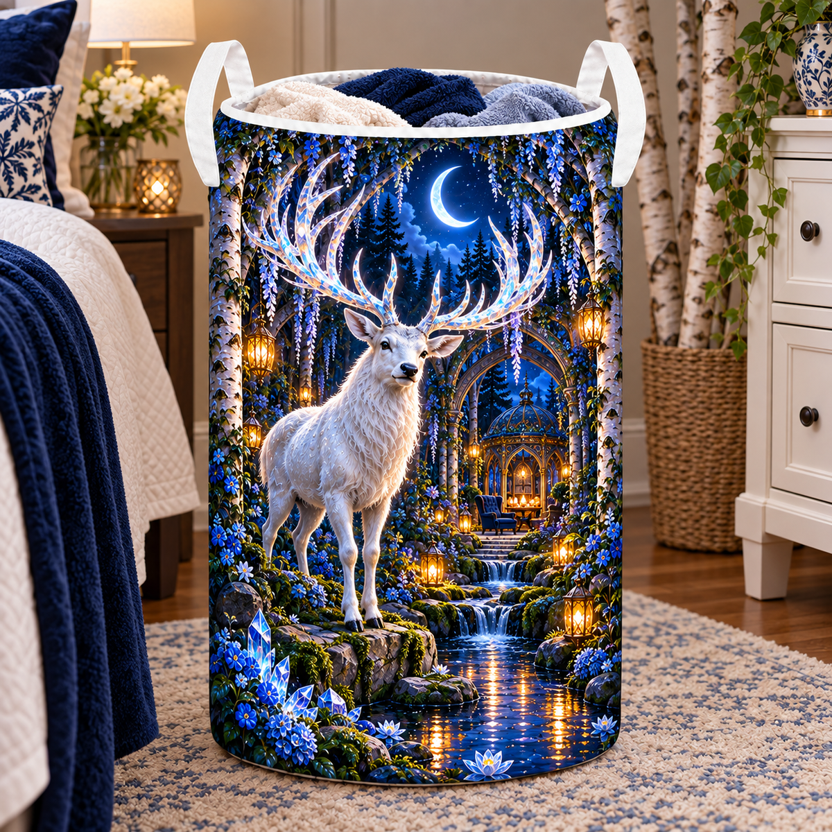 White Stag Sapphire Sanctuary Laundry Hamper with printed optical 3D artwork in its use setting