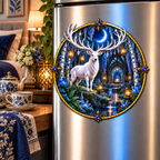 White Stag Sapphire Sanctuary Acrylic Refrigerator Magnet with printed optical 3D artwork in its use setting