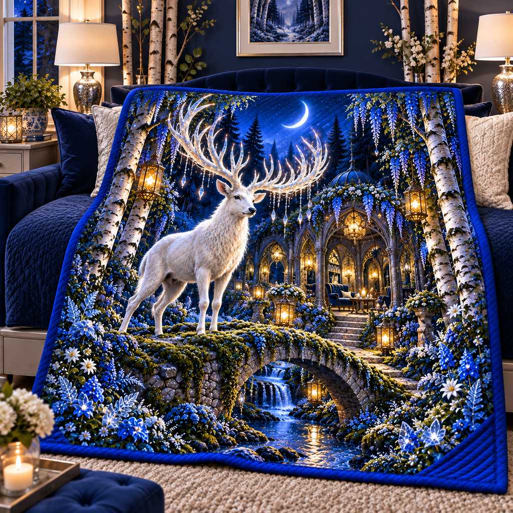 White Stag Sapphire Sanctuary Quilt Blanket with printed optical 3D artwork in its use setting