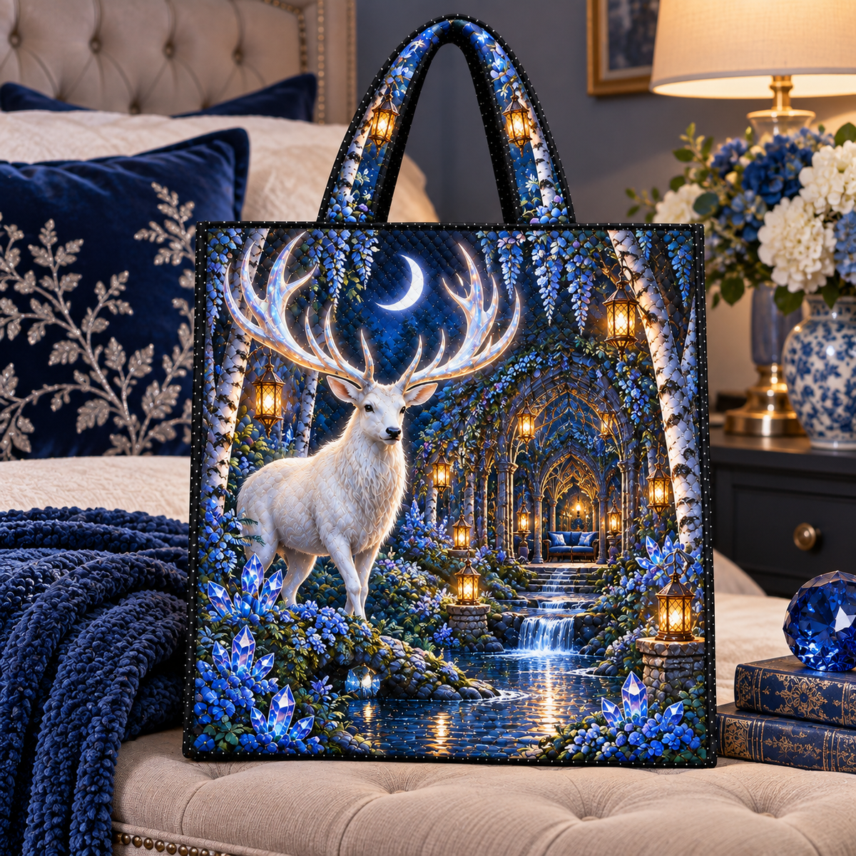 White Stag Sapphire Sanctuary Quilted Tote Bag with printed optical 3D artwork in its use setting